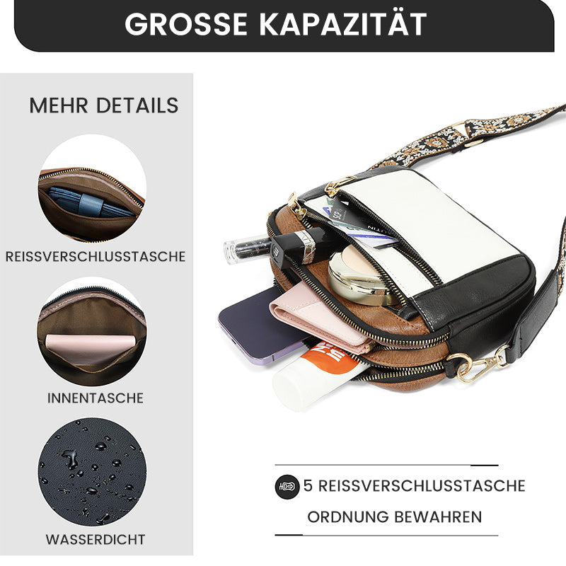 Umhängetaschen und Geldbörsen aus Leder mit bunten Riemen