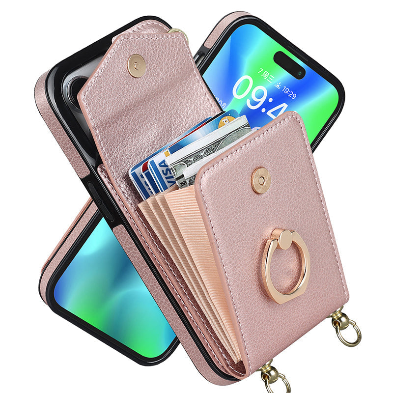 IPhone-Leder-Brieftaschenhülle mit Schlaufe und Umhängeband
