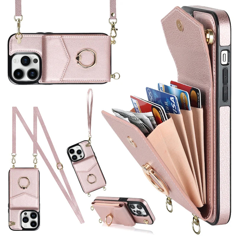 IPhone-Leder-Brieftaschenhülle mit Schlaufe und Umhängeband