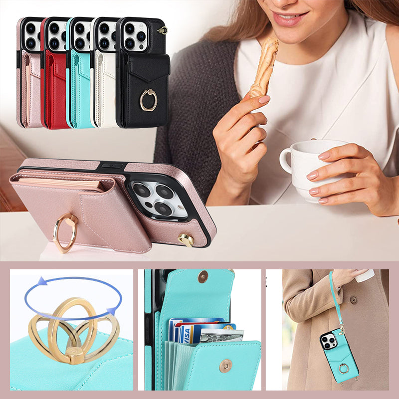 IPhone-Leder-Brieftaschenhülle mit Schlaufe und Umhängeband